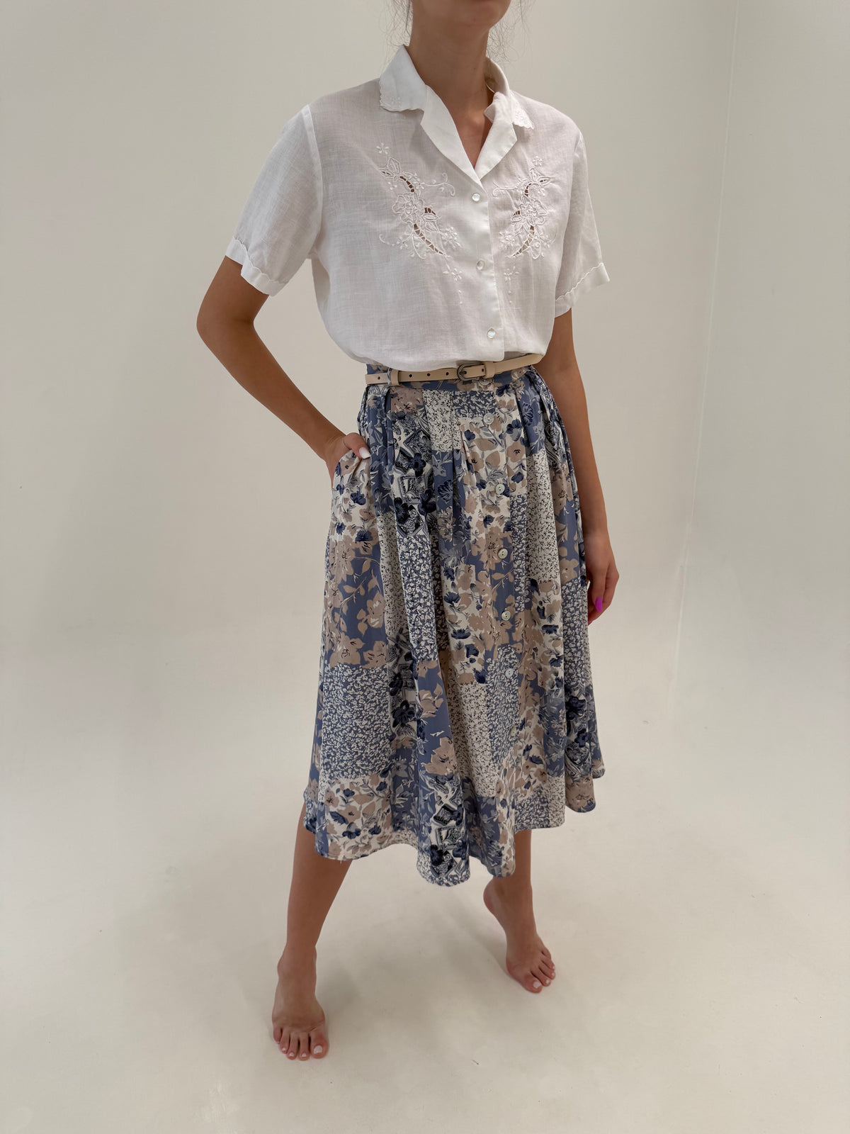 Fustă din mătase naturală Jeans blue și camel midi lung