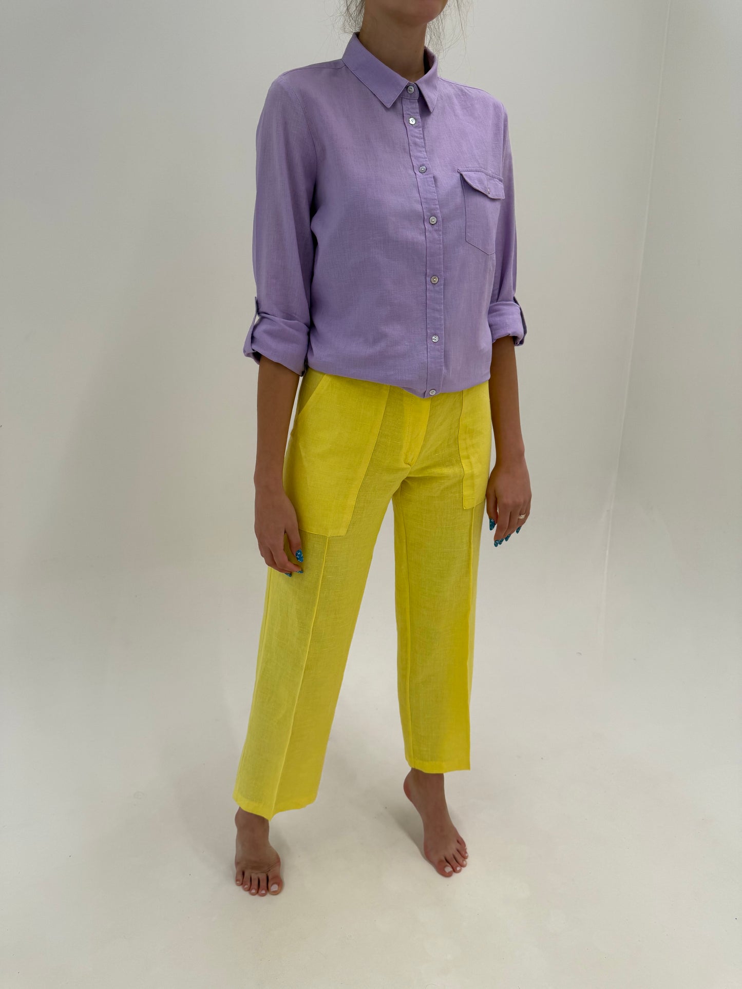 Pantaloni din in premium lemon green in croi clasic