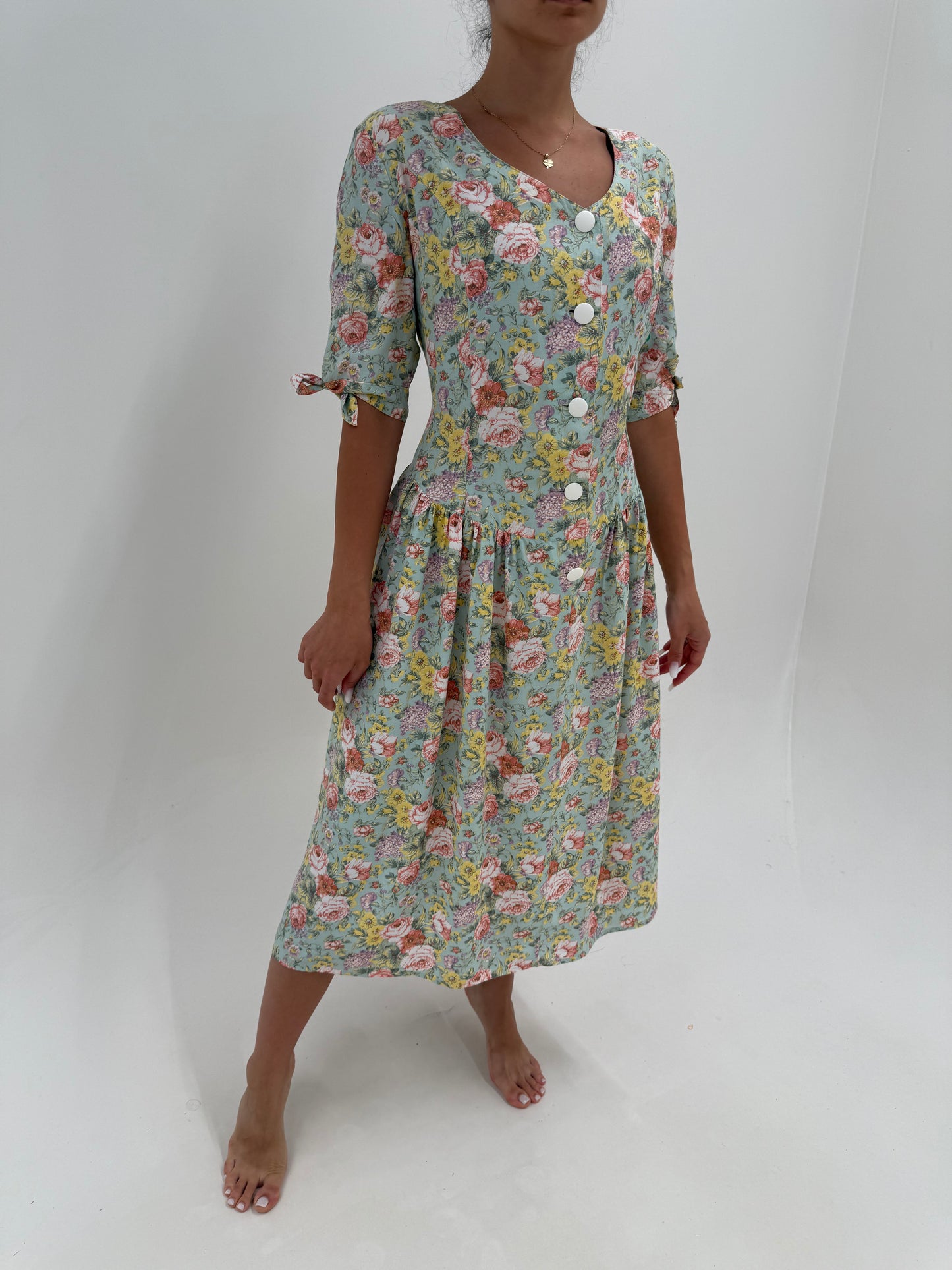 Rochie vintage maxi cu corsaj și print floral superb mint green