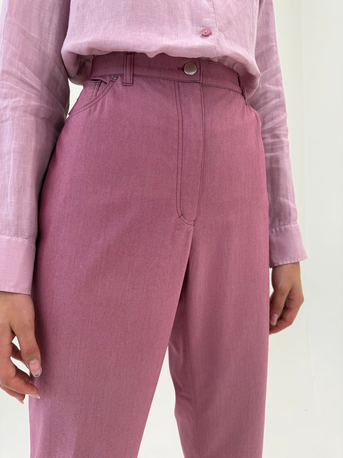 Pantaloni dusty rose Pink de vara cu talie ultra înaltă și solduri generoase