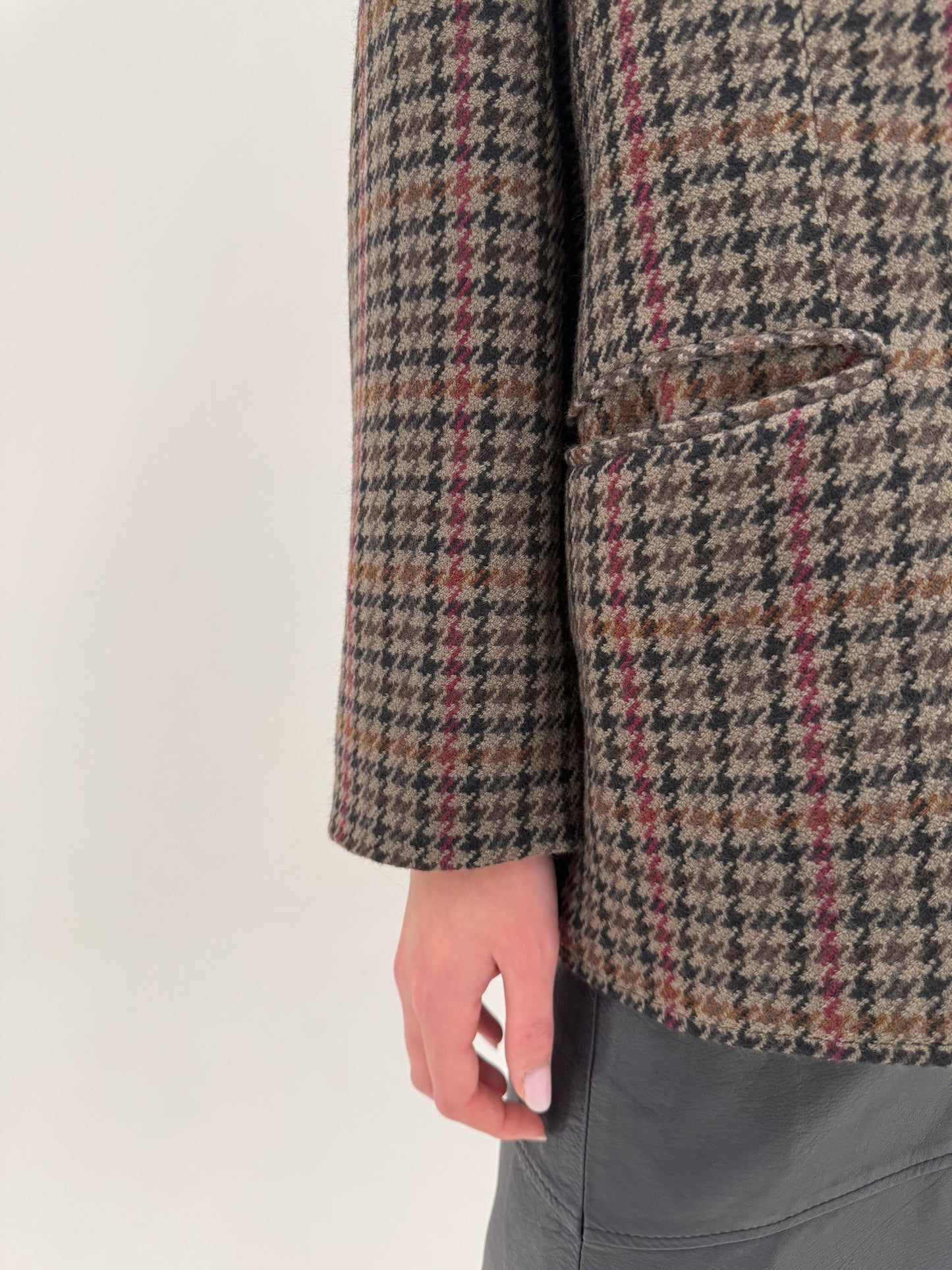 Sacou vintage din tweed de lana camel pied de coq negru și burgundy