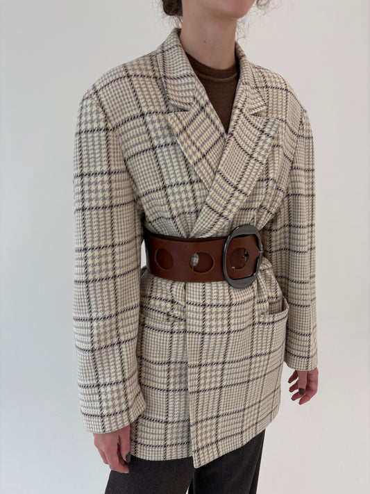 Sacou lung light nude în carouri din tweed moale de lana extrafina