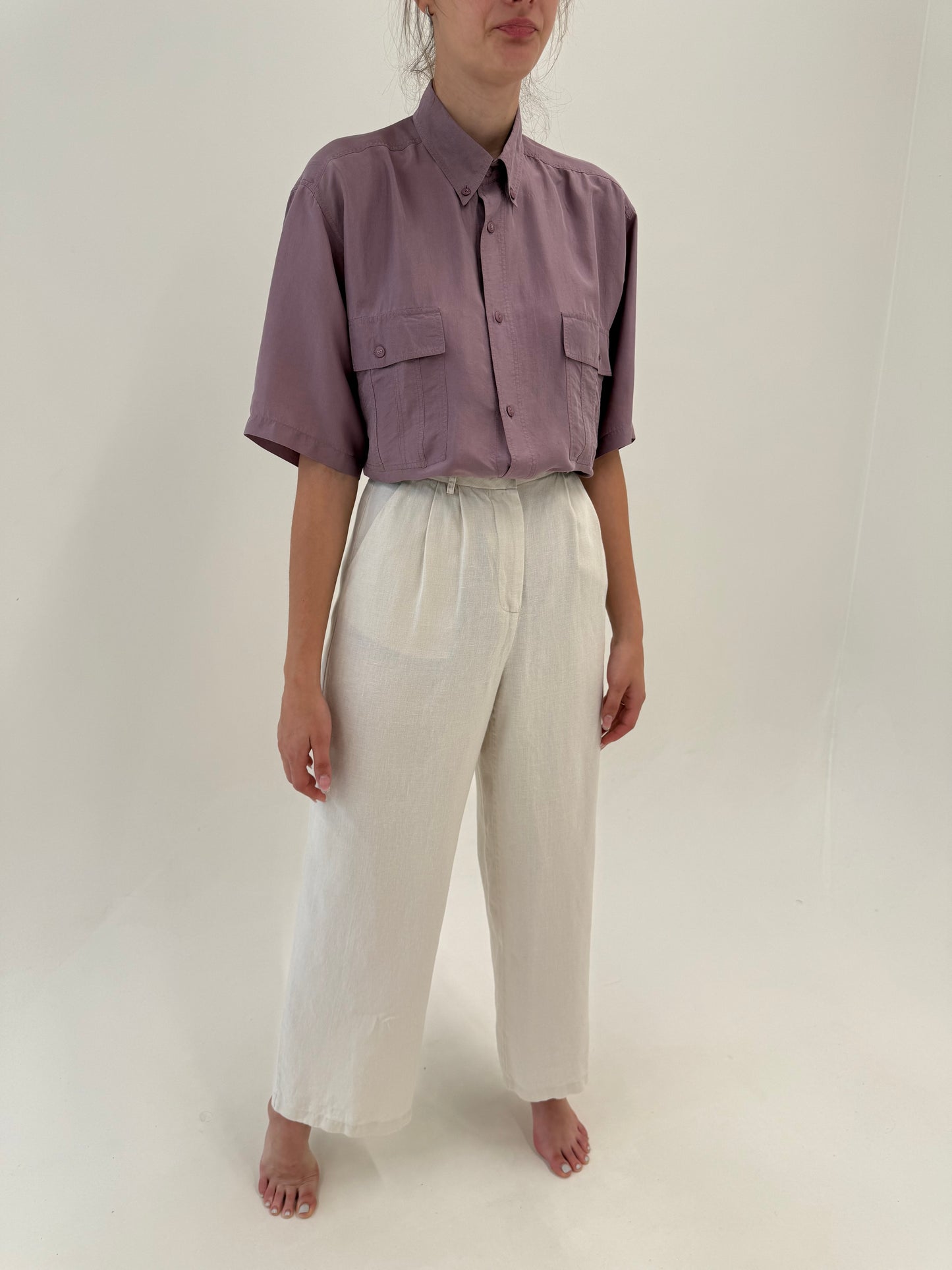 Pantaloni off white tall din pânză premium din in cu pense și talie ultra înaltă