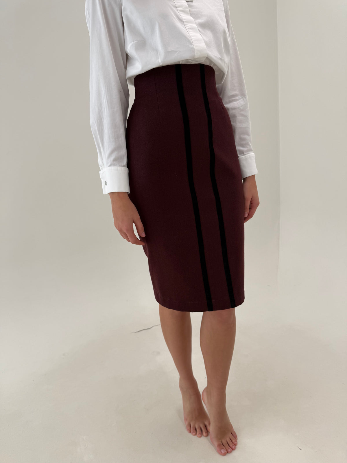 Fustă Max Mara plum din lana excepțională pura certificată creion cu talie ultra înaltă