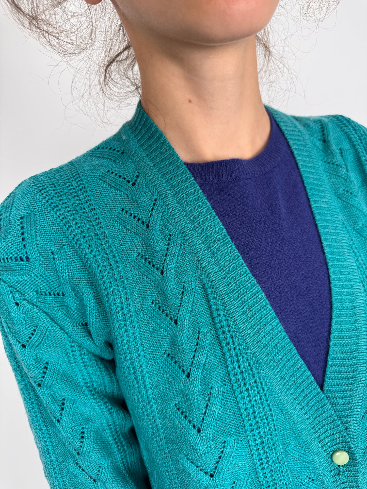 Cardigan vintage turquoise din lana extrafina texturată