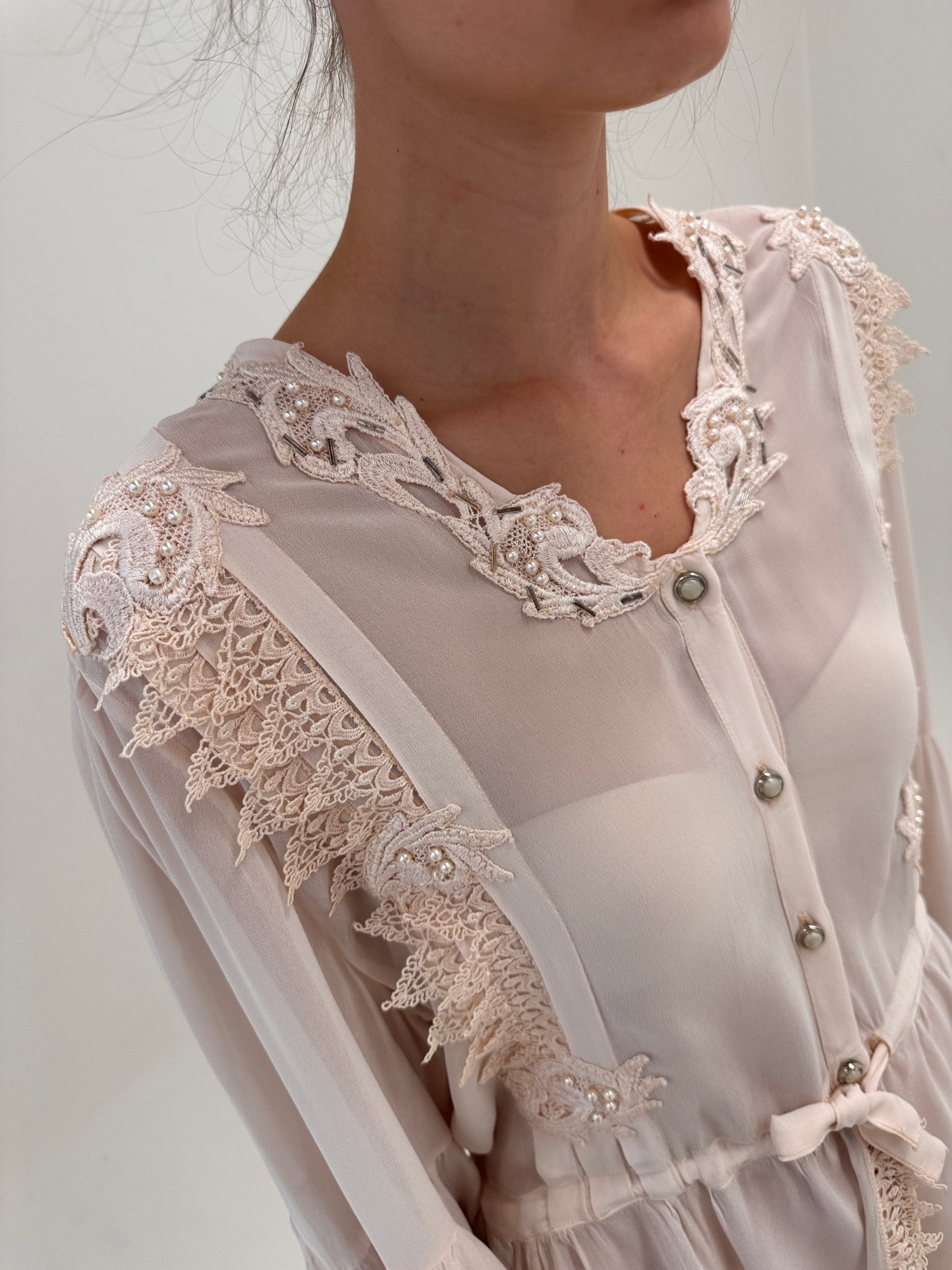 Top vintage dusty powder Pink cu talie marcată reglabilă și dantelă macrame