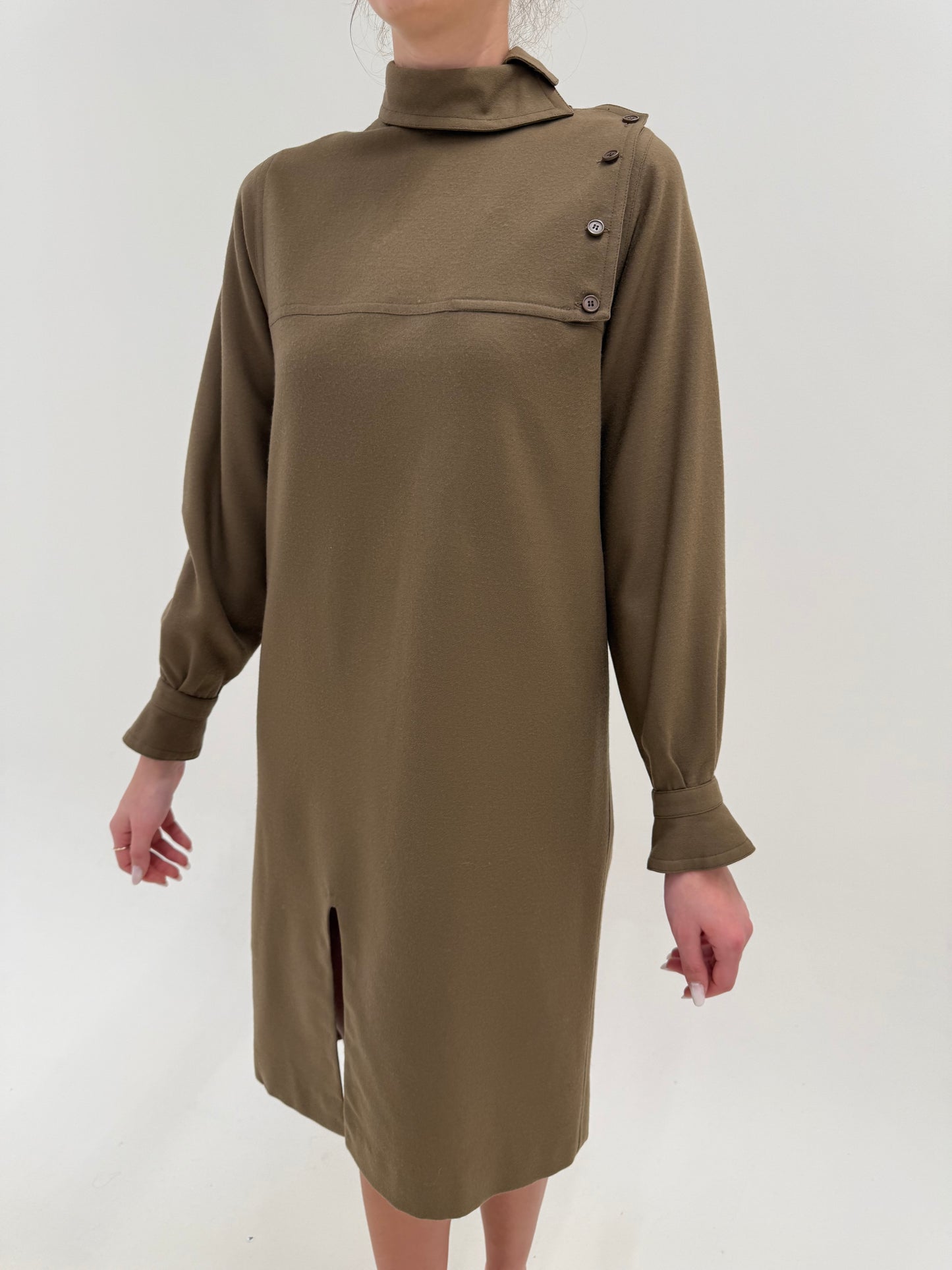 Rochie vintage luxury Guy Laroche în croi retro modern minimalist light kaki