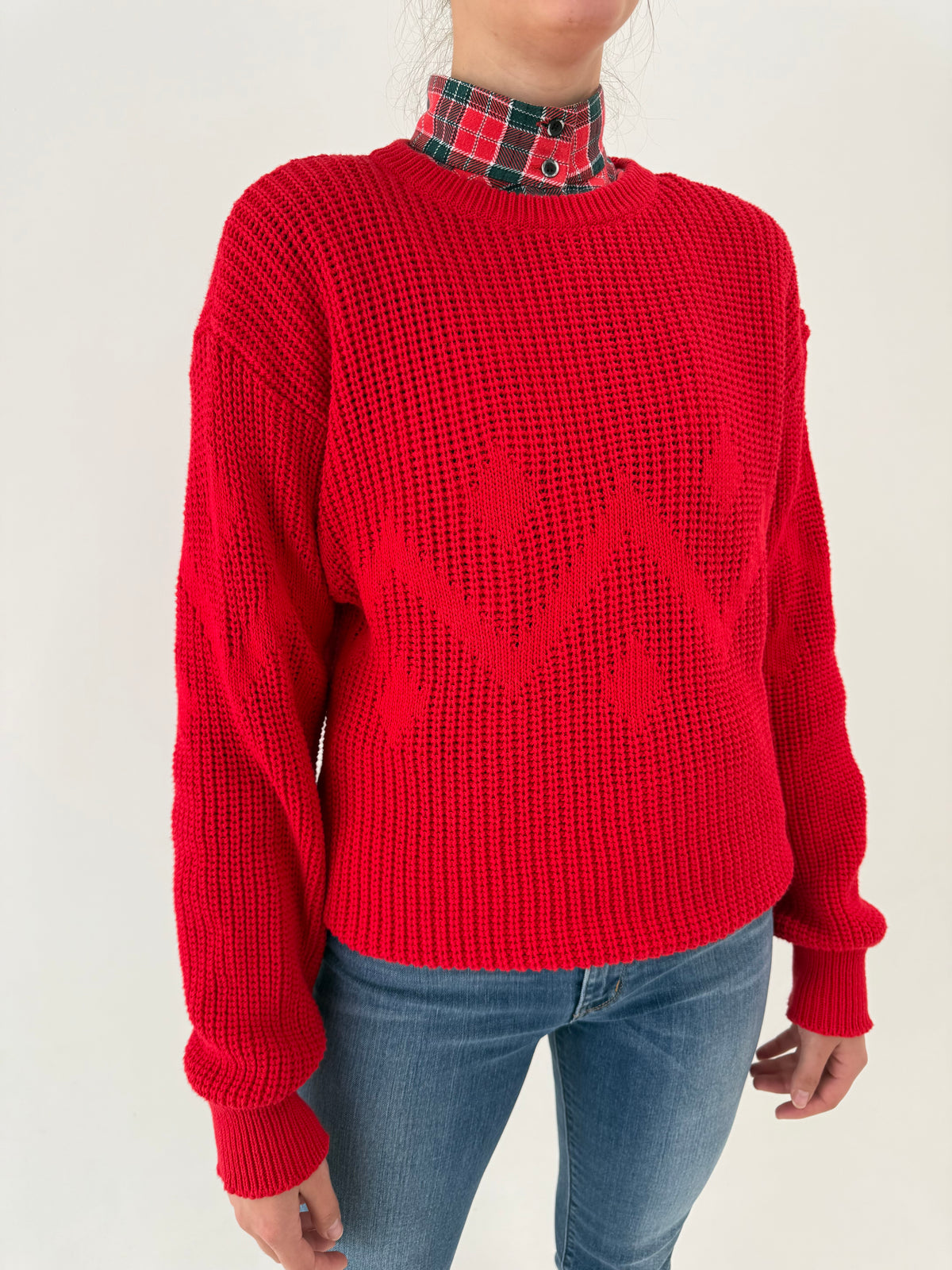 Pulover vintage tall din bumbac excepțional de gramaj mare cherry red