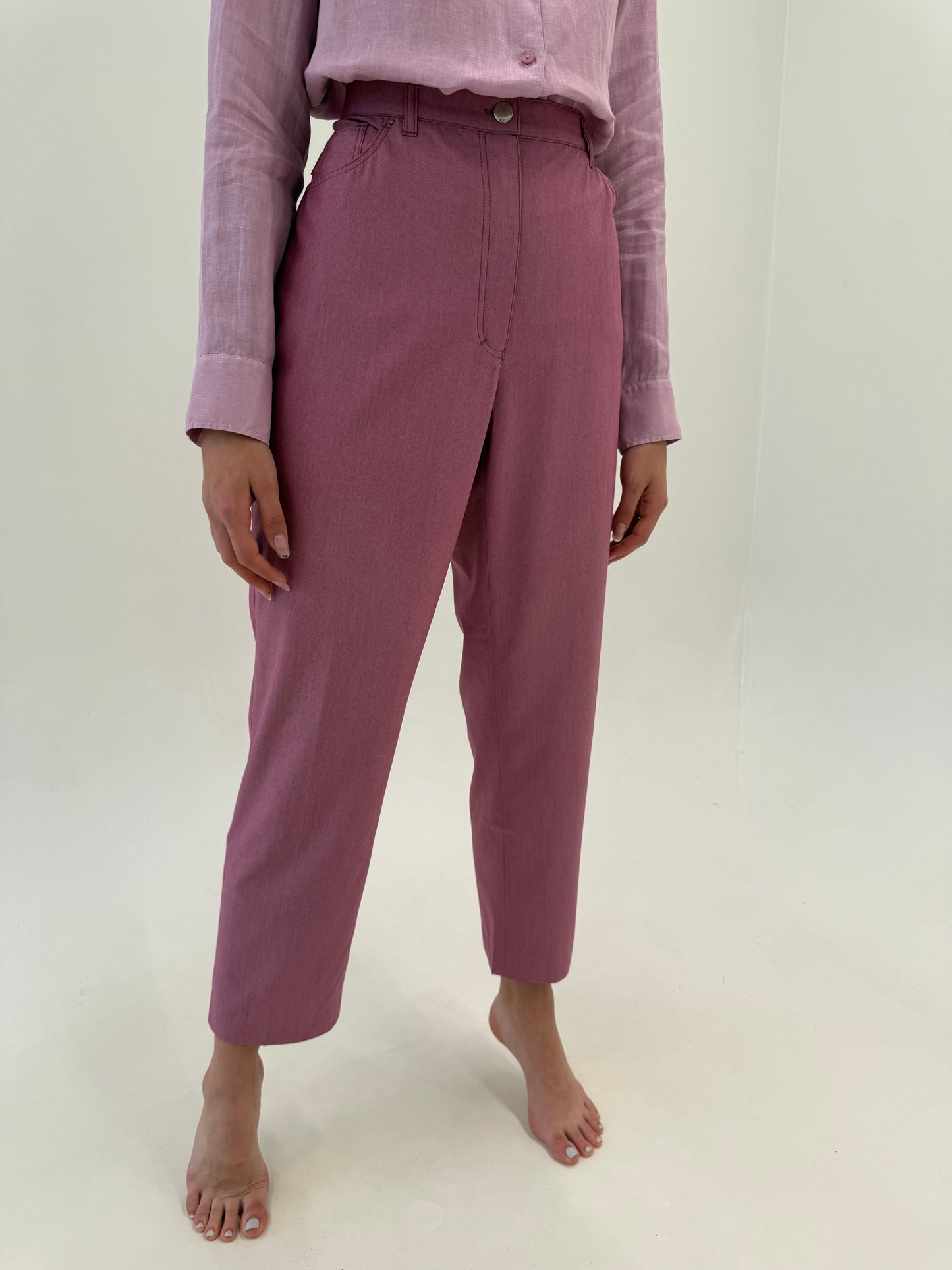 Pantaloni dusty rose Pink de vara cu talie ultra înaltă și solduri generoase