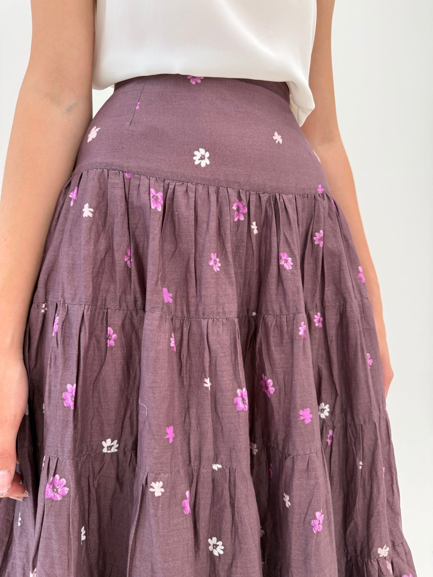 Fustă ultra amplă dusty lavender din bumbac cu talie ultra marcată midi lung