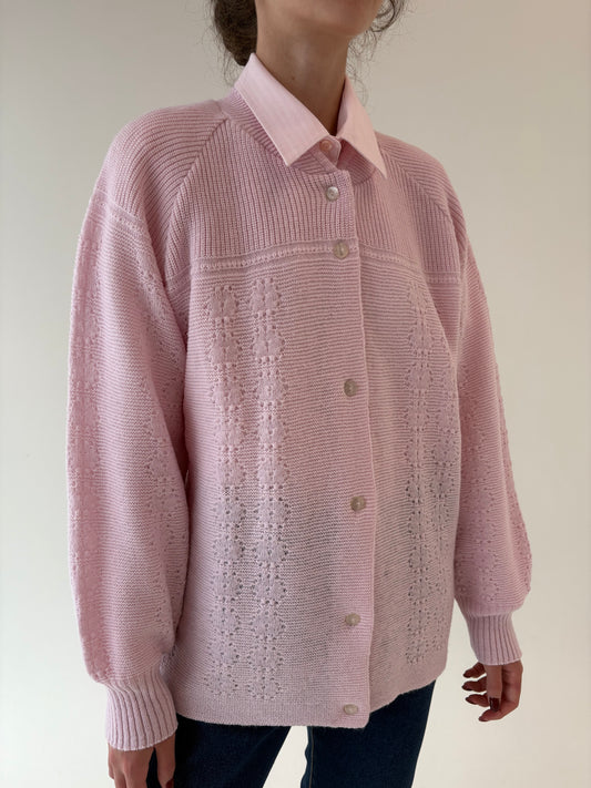 Cardigan vintage roz pudrat din mix de lana extrafina