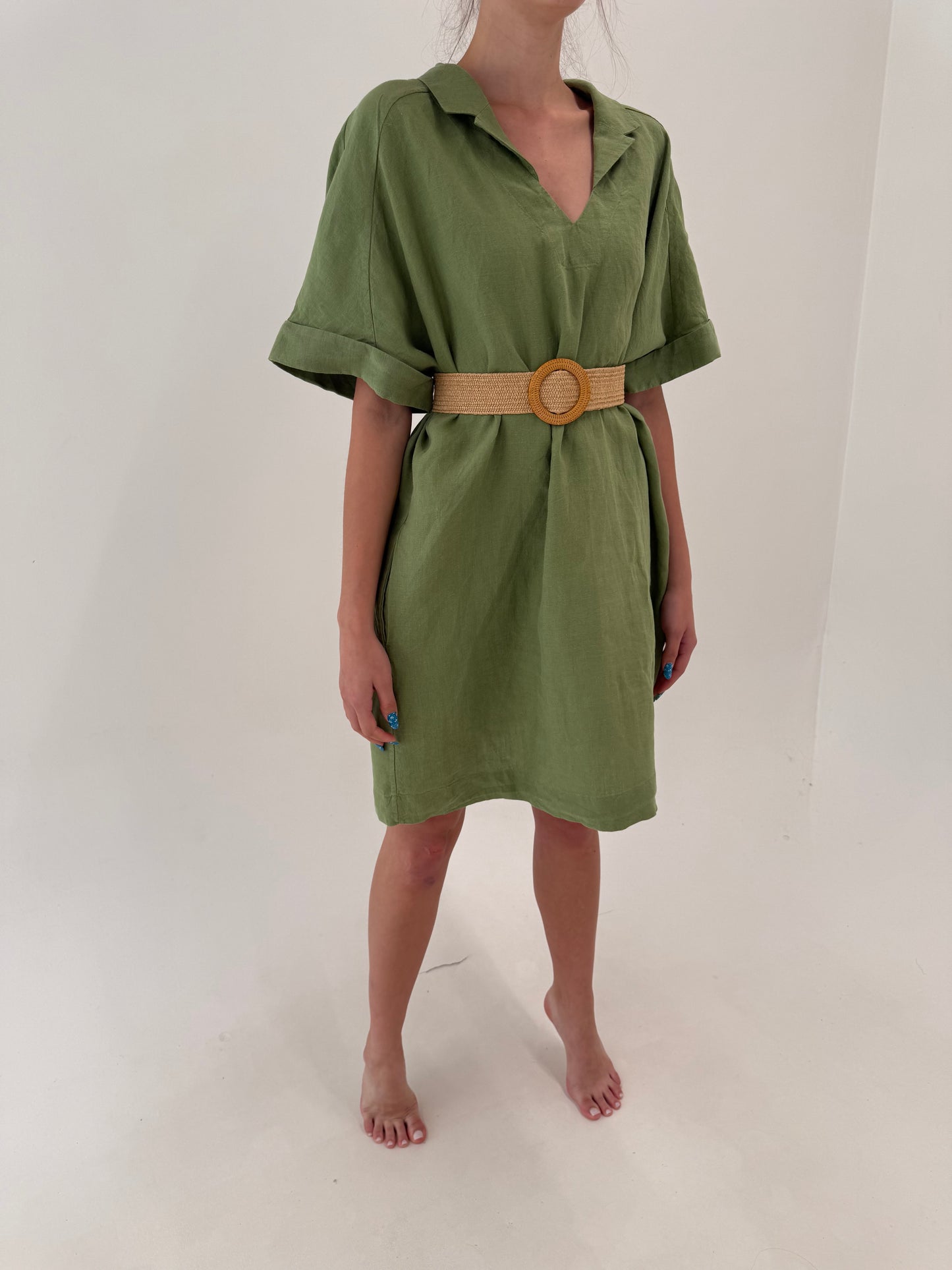 Rochie olive green din in premium organic în croi lejer cu buzunare