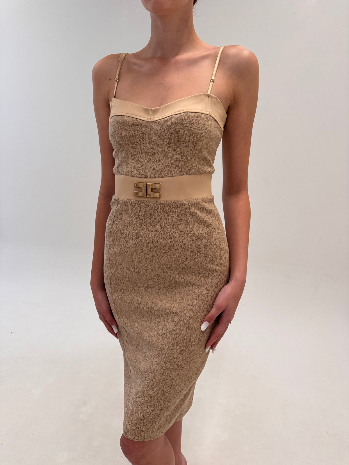 Sheath dress luxury camel Elisabeta Franchi cu corsaj ultra modelatoare