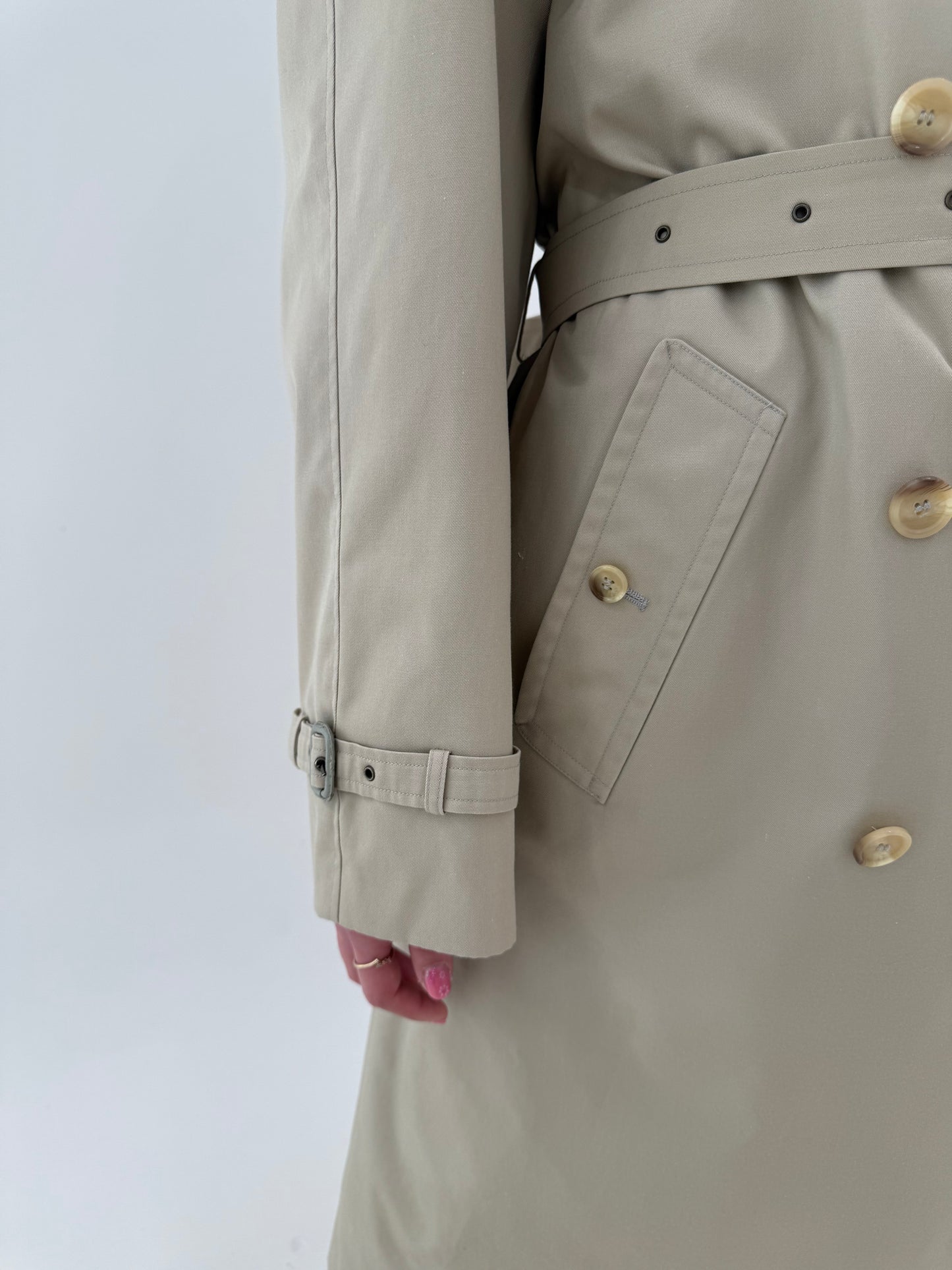 Trench vintage camel din gabardină impermeabilă cu talie ultra înaltă marcată