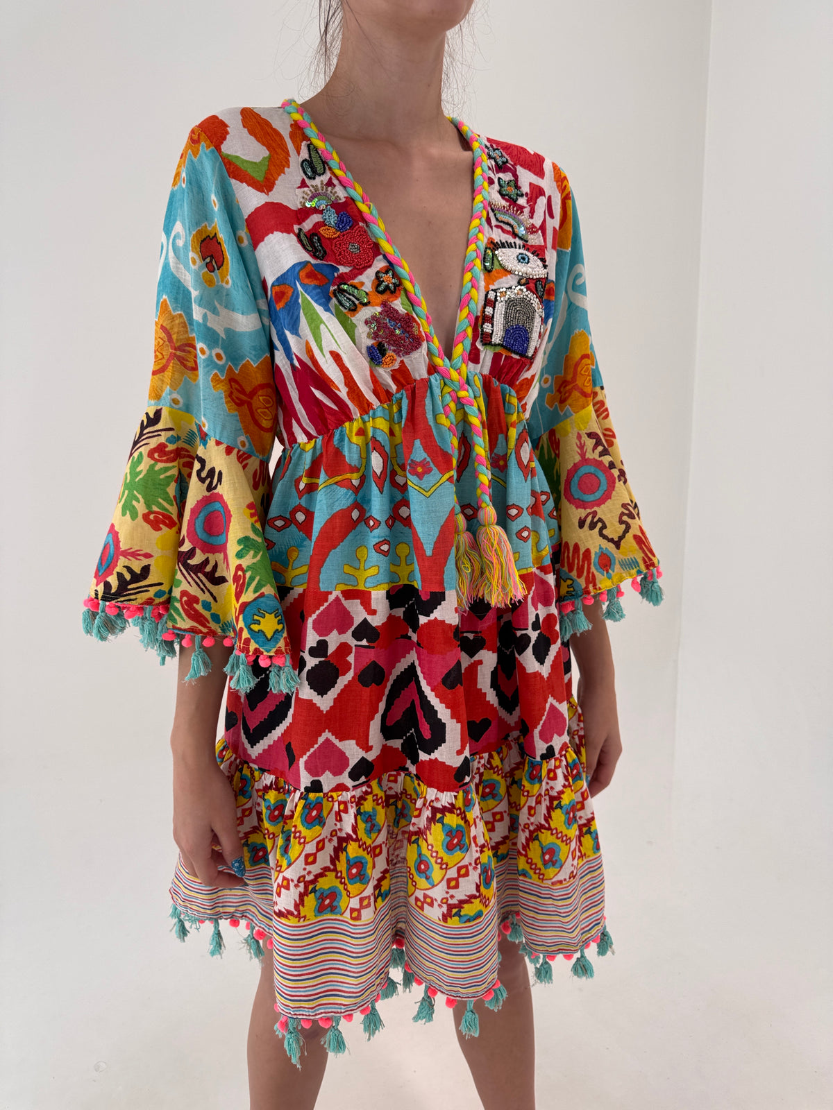 Rochie italiană boho din panzica de bumbac cu aplicații manuale Antica Sartoria