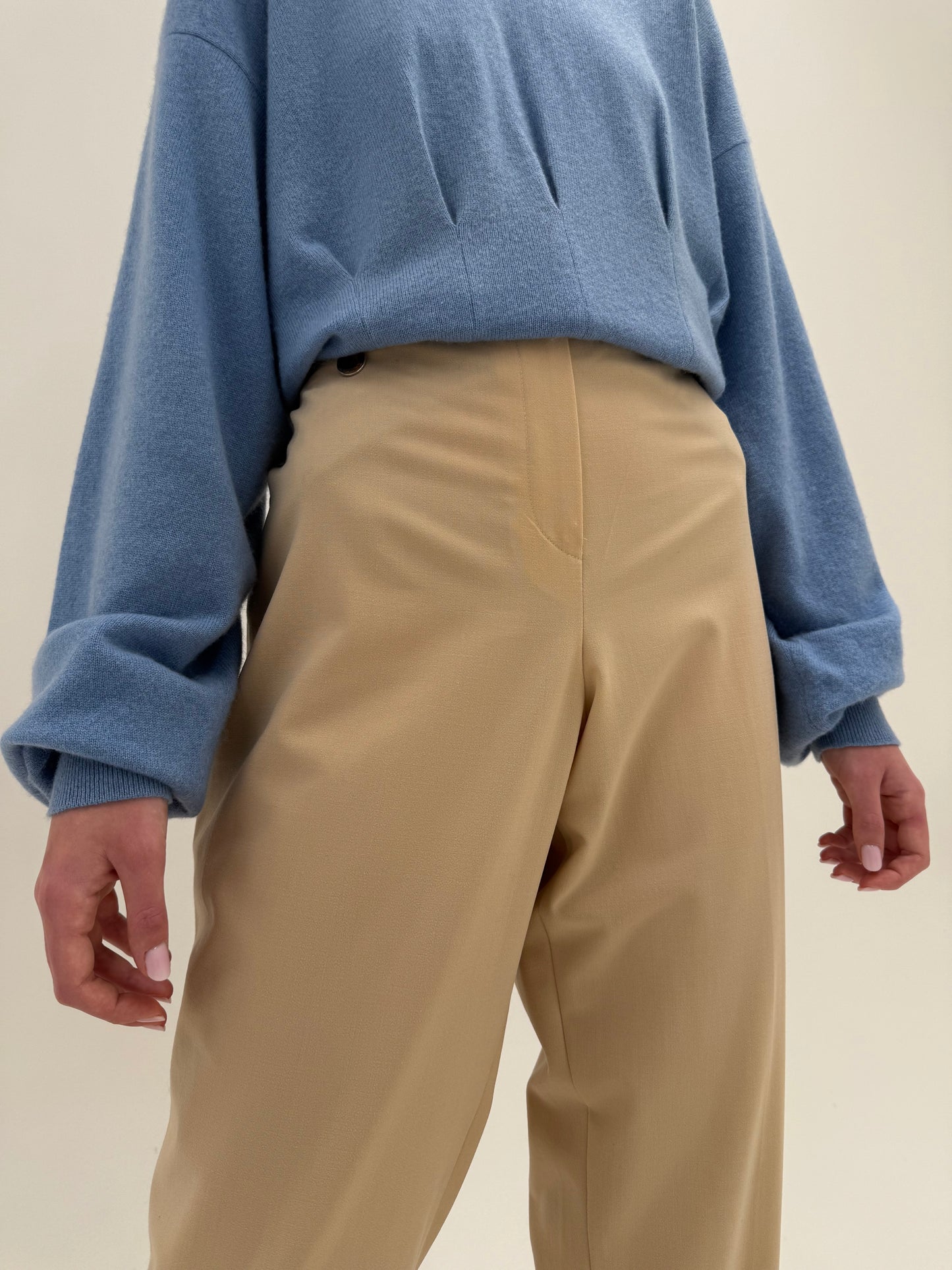 Pantaloni nude din lana extrafina confort cu talie ultra înaltă