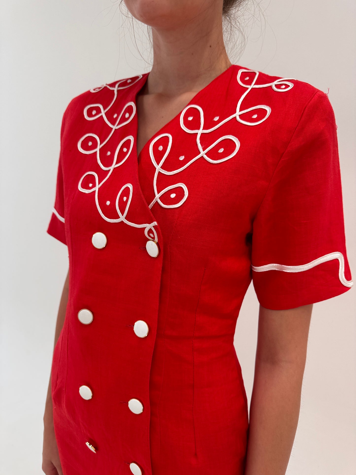 Rochie premium italiană din pânză de in cu aplicații manuale cherry red