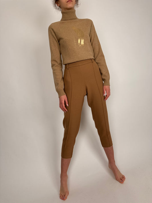 Pantaloni petite camel de brand italian din stofă de lana extrafina strech