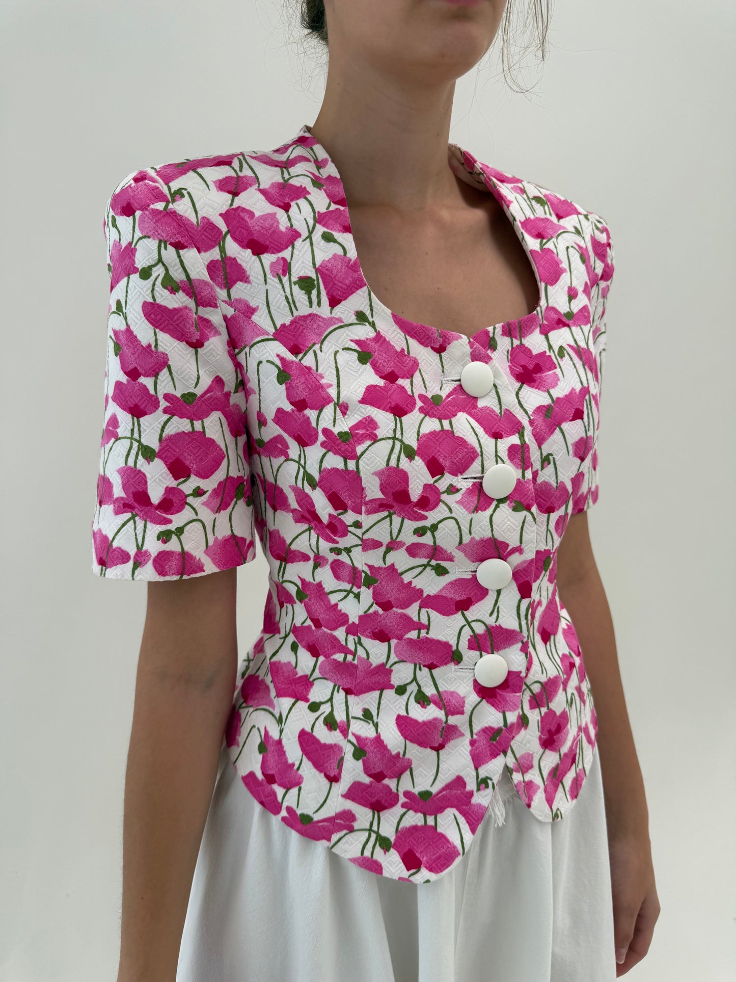 Sacou cambrat din bumbac texturat excepțional cu print floral superb