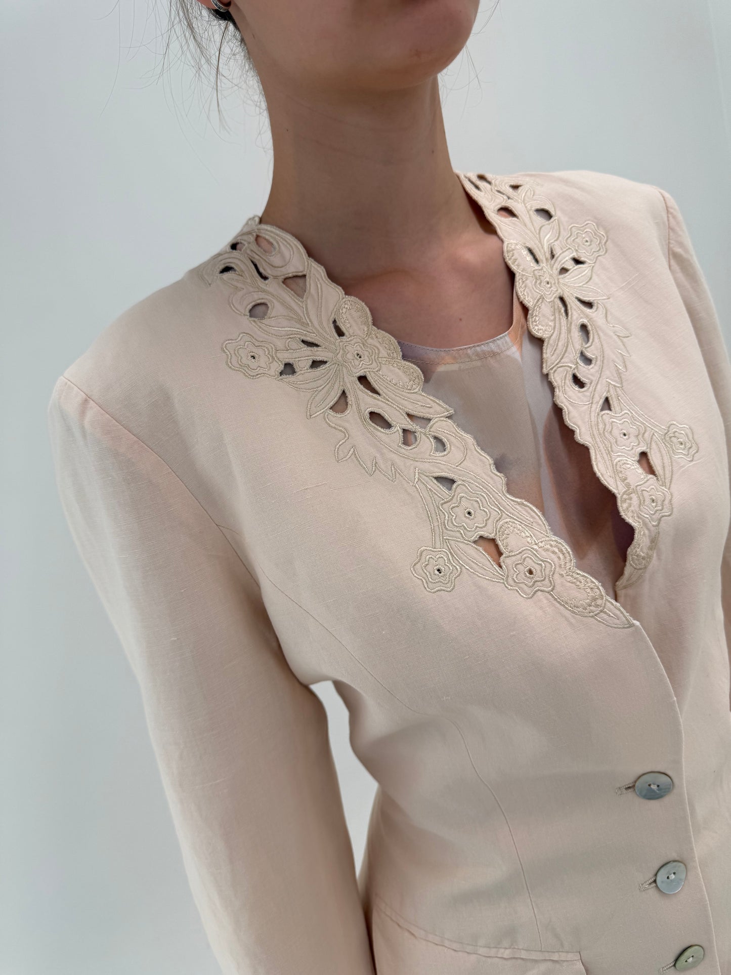 Sacou vintage powder orange din in excepțional cu broderie anglaise în croi cambrat