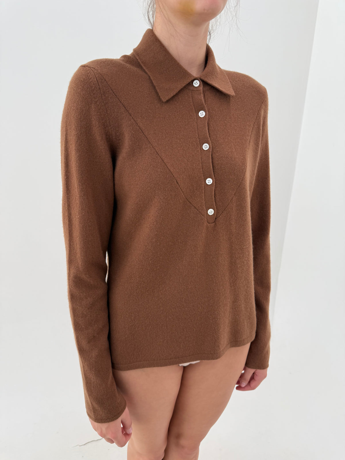 Pulover polo din cașmir caramel brown