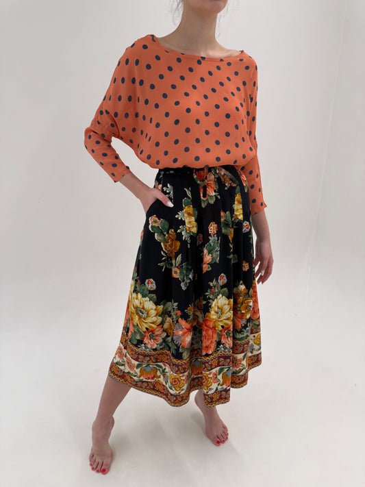 Fustă vintage superbă cu print floral și buzunare midi spre maxi