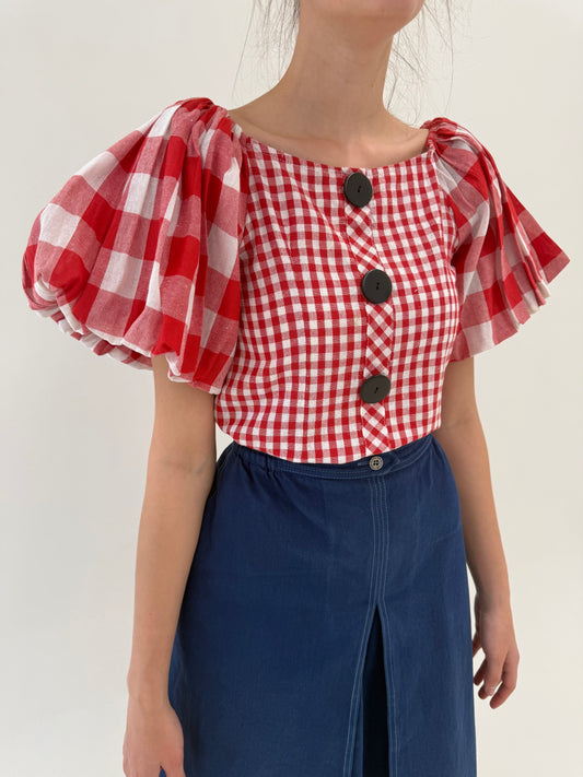 Corsaj vintage gingham cu mâneci bufante din pânză excepțională de in
