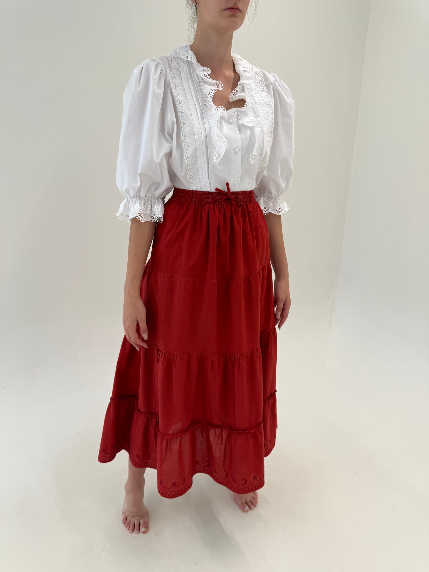 Fustă maxi brick red ultra amplă din poplin premium de bumbac cu broderie