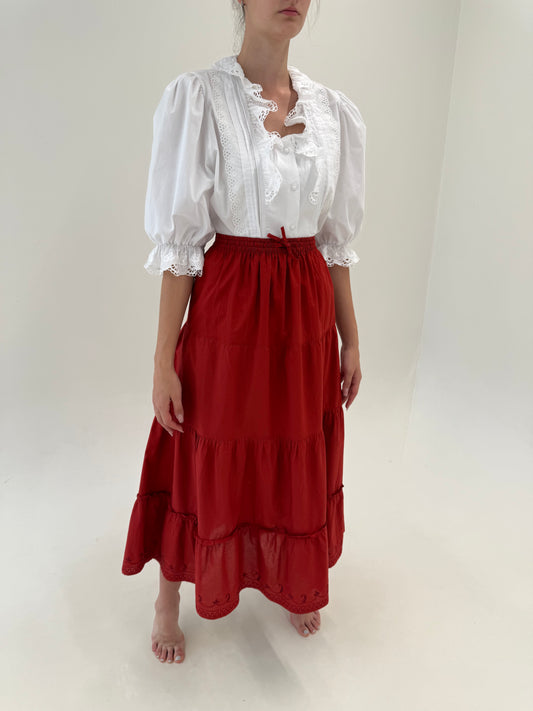 Fustă maxi brick red ultra amplă din poplin premium de bumbac cu broderie