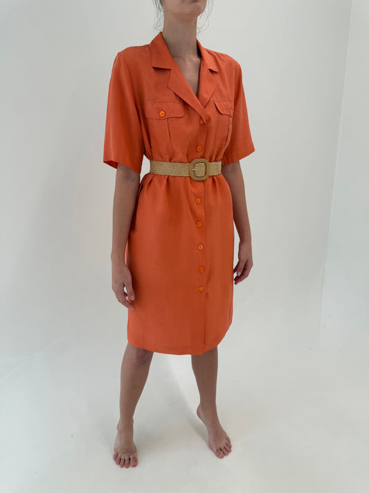 Rochie vintage italiană pumpkin orange tip cămașă din mătase naturală
