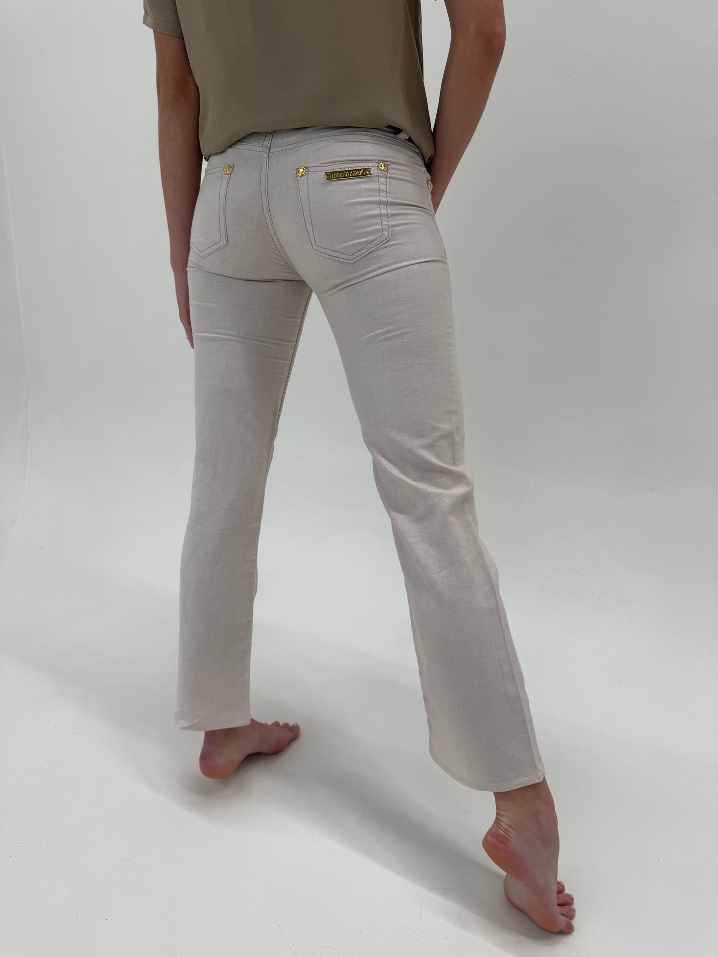 Pantaloni iconici Roberto Cavalli din pânză perlata noi cu etichetă off white