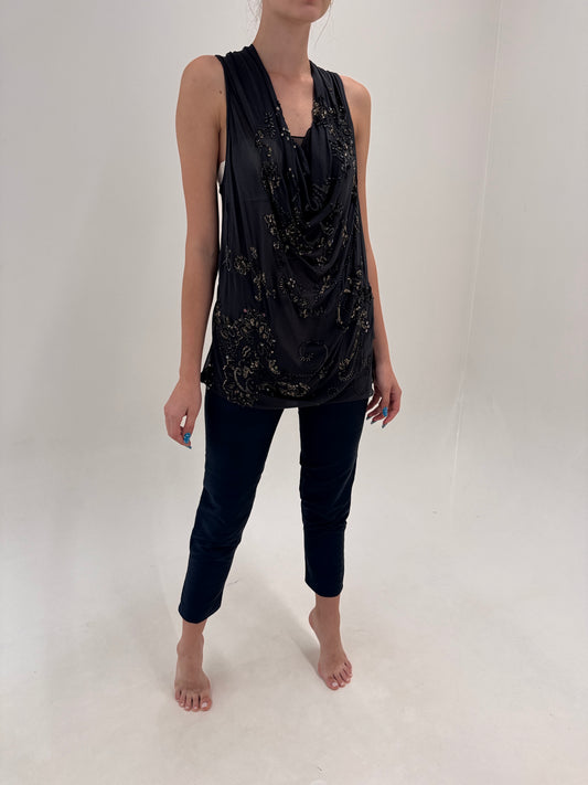 Pantaloni Navy blue din mătase naturală petite