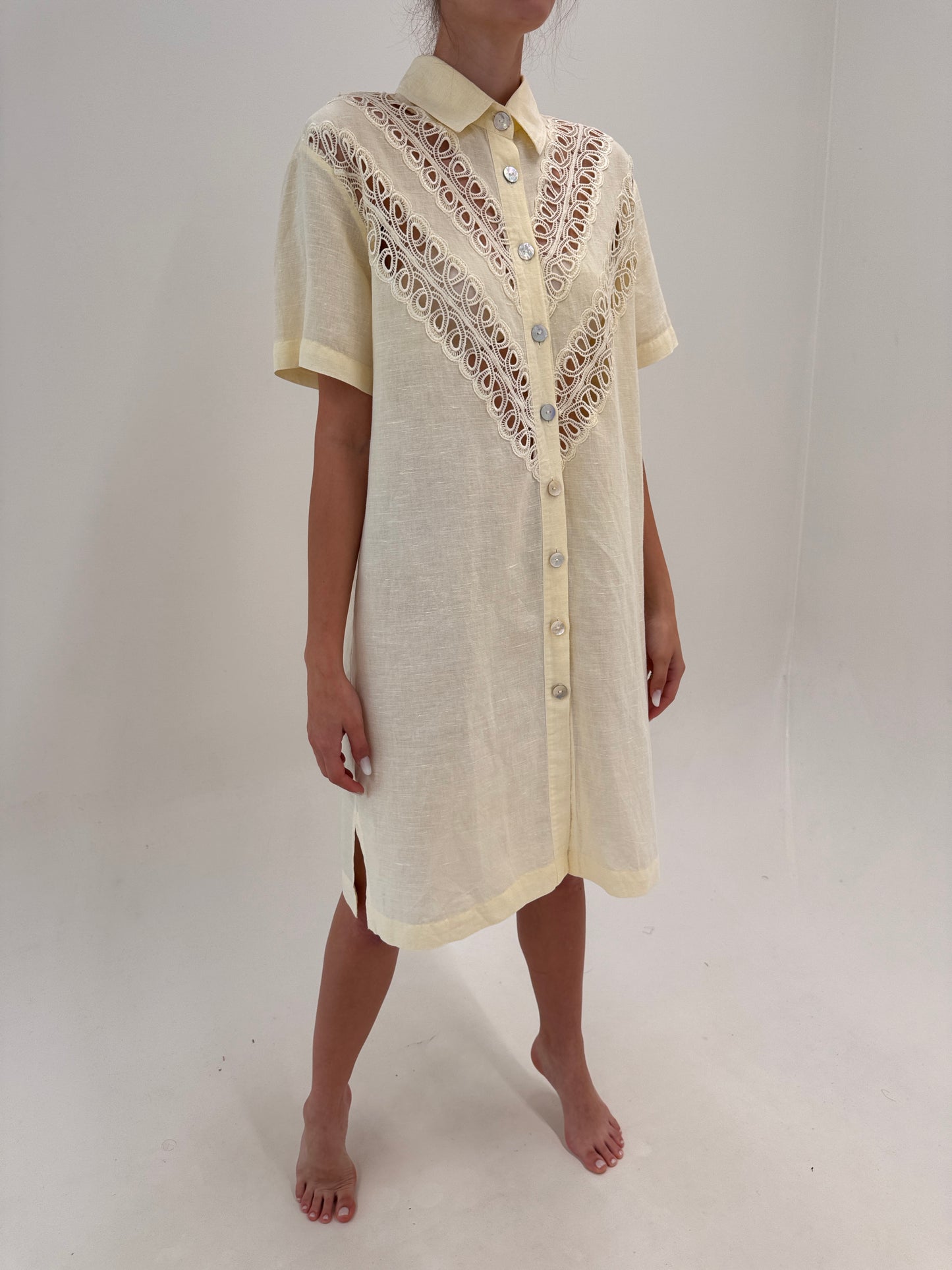 Robe chemise italian butter yellow din pânză excepțională de in cu broderie