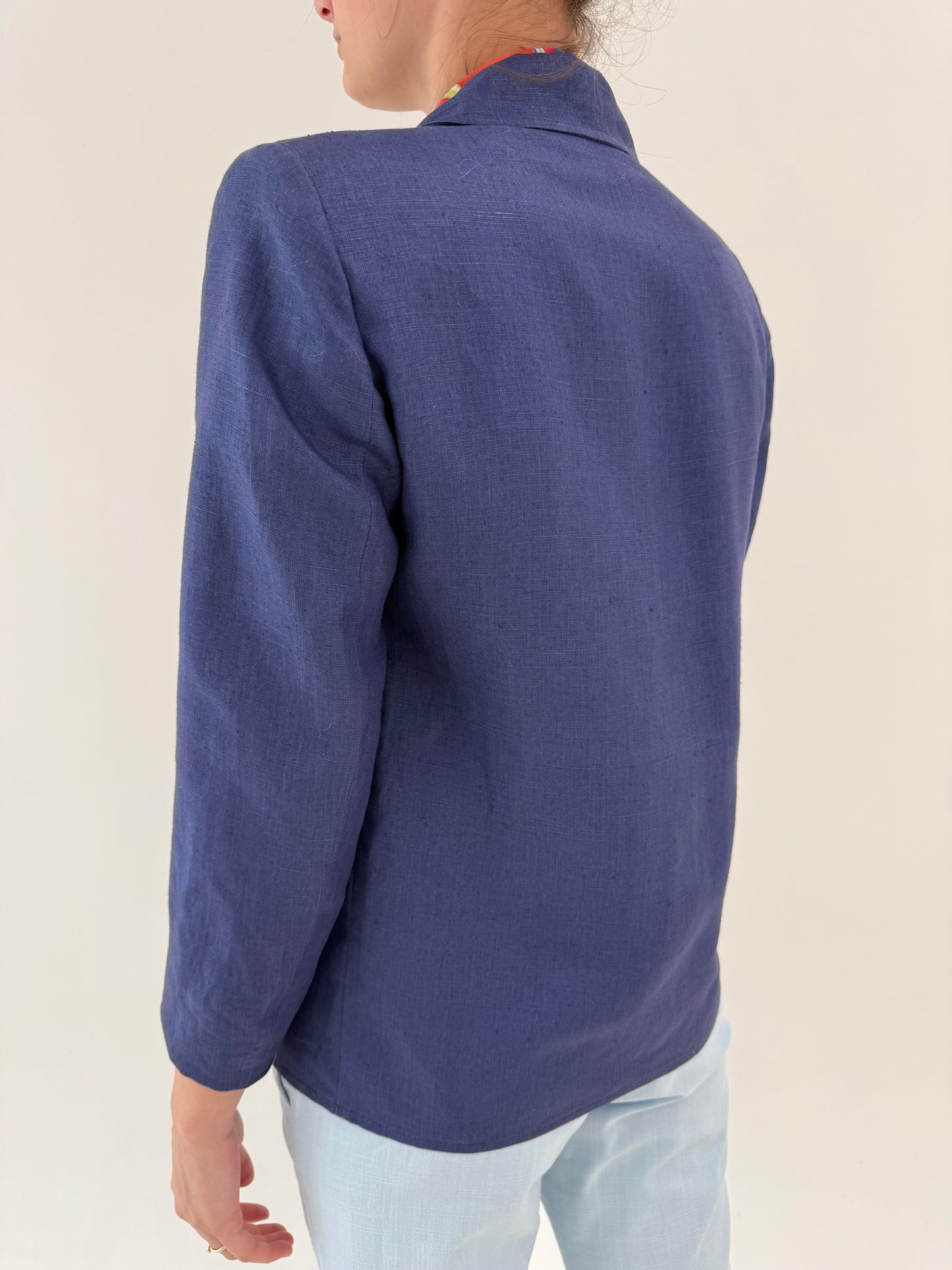 Sacou italian din in petite jeans blue cu închidere tip smoking