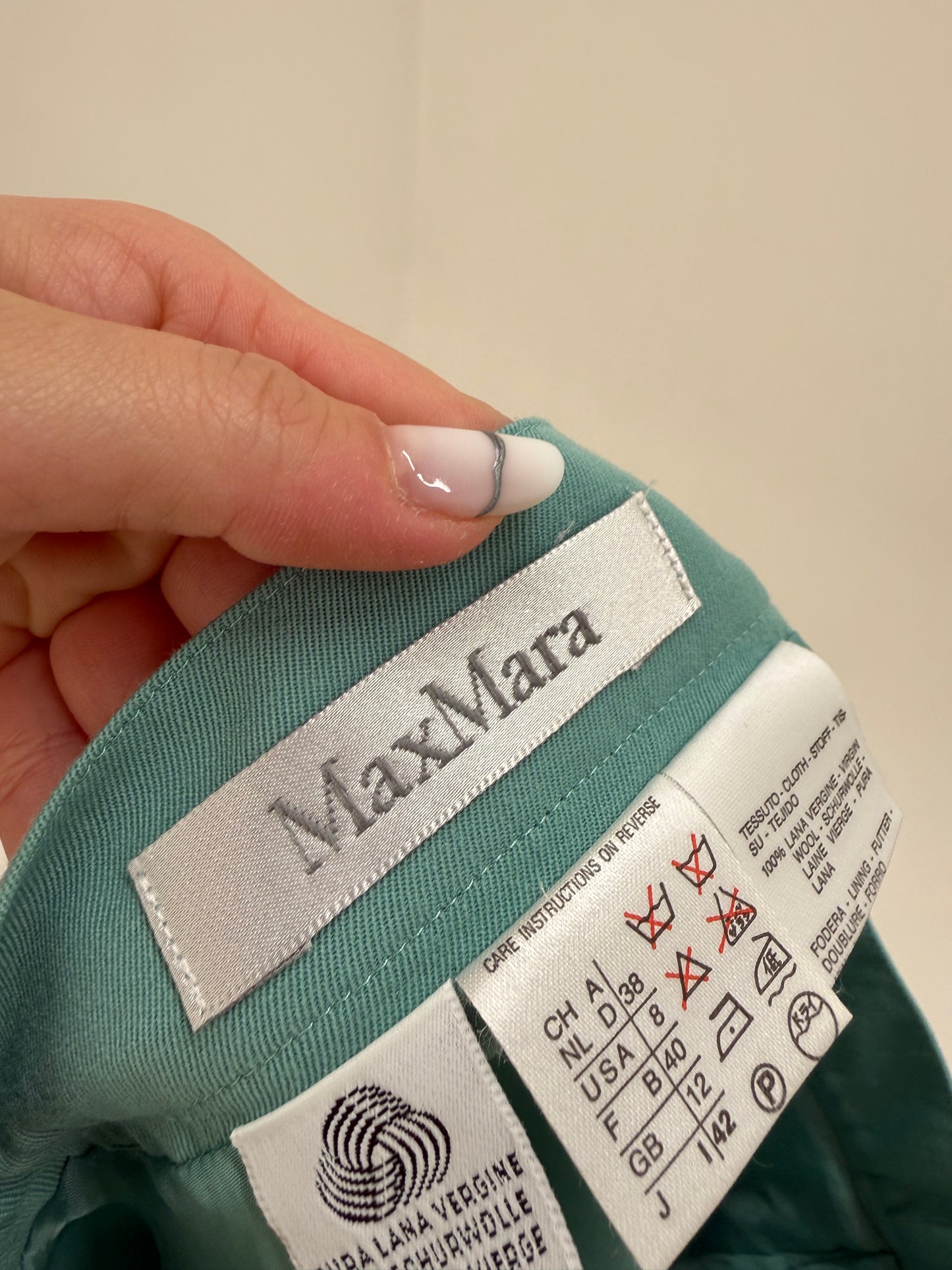 Costum Max Mara mint green de primăvară din lanita subțire cu detalii chic
