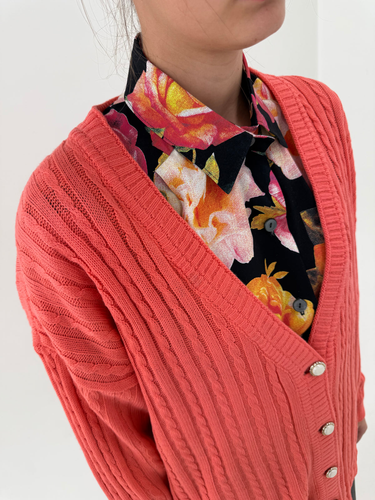 Cardigan vintage salmon orange din mix de lana extrafina în croi lejer