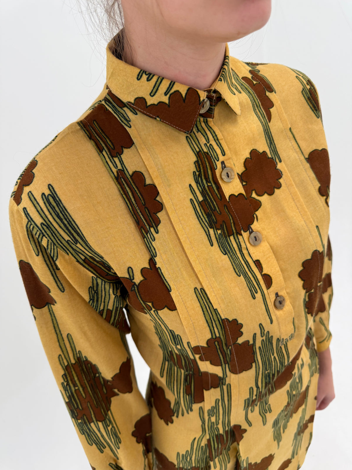 Rochie vintage cu print chocolate brown pe dark butter yellow din lana extrafina