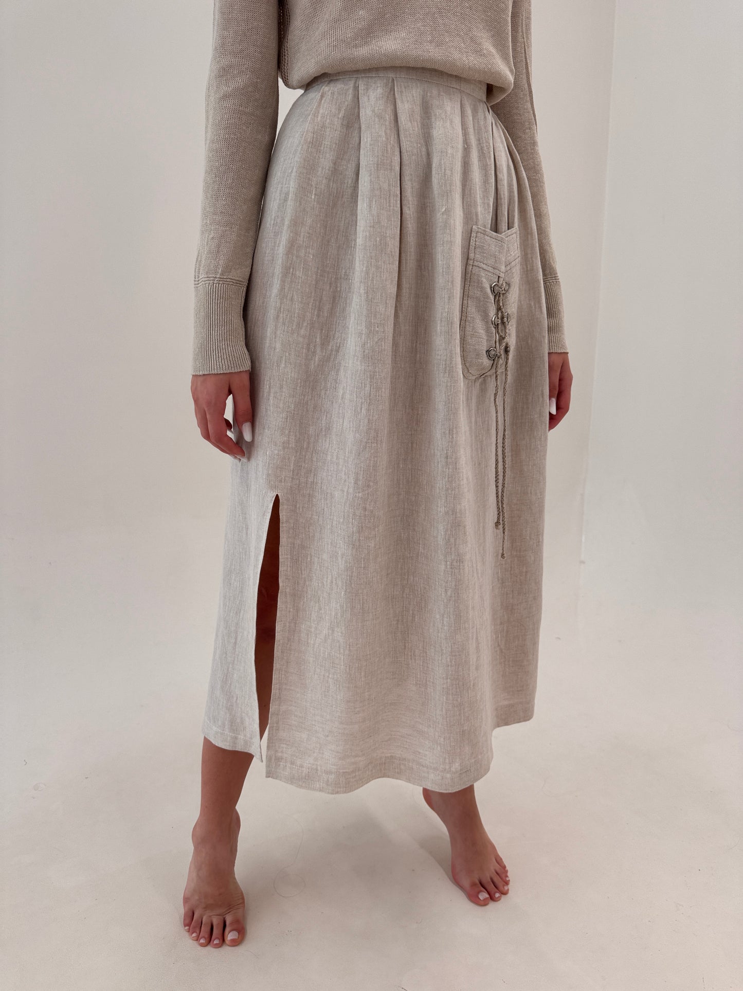 Fustă maxi sand nude din pânză excepțională de in cu talie ultra înaltă