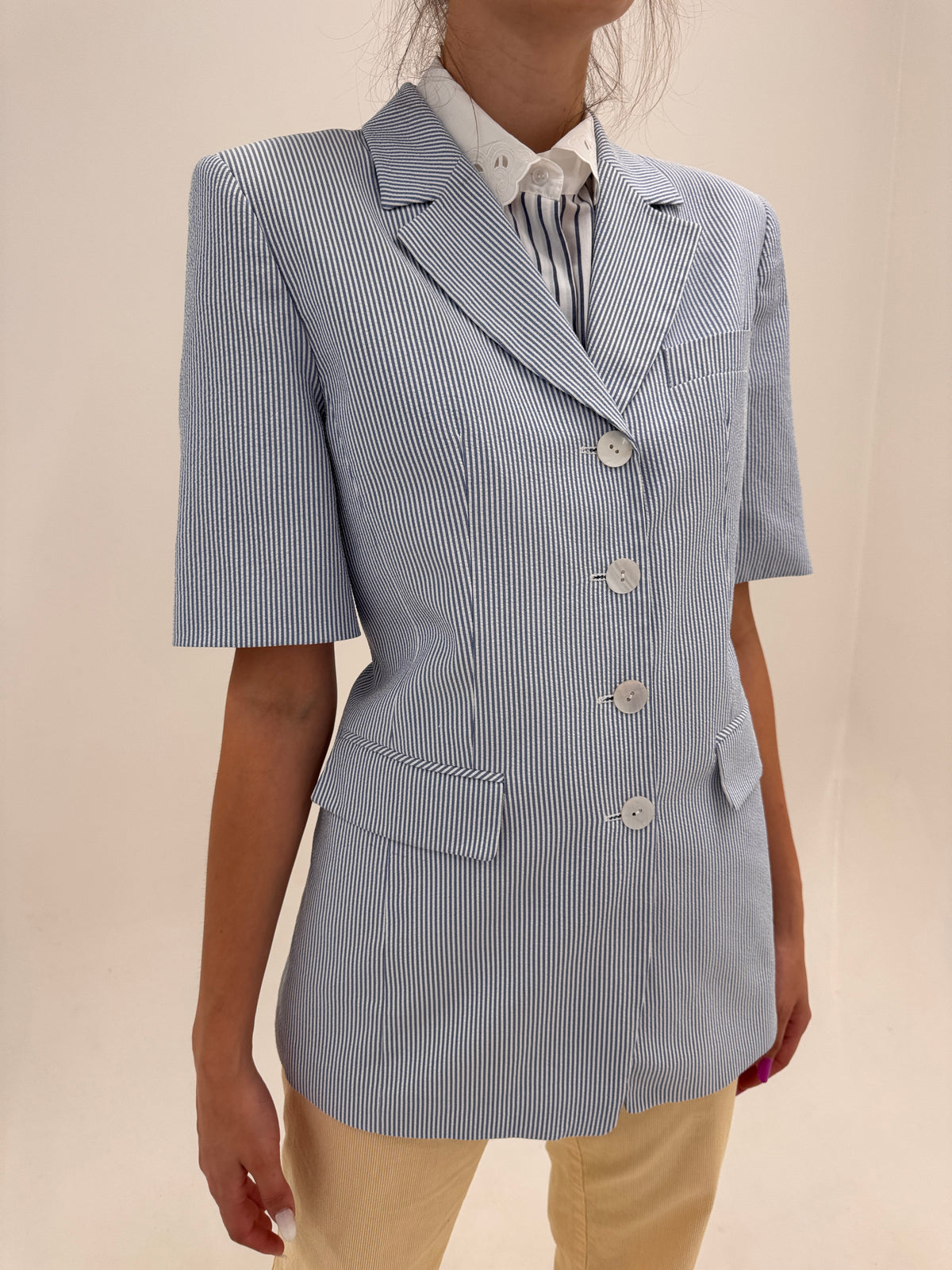 Sacou italian din bumbac premium seersucker in dungi fine Navy verticale