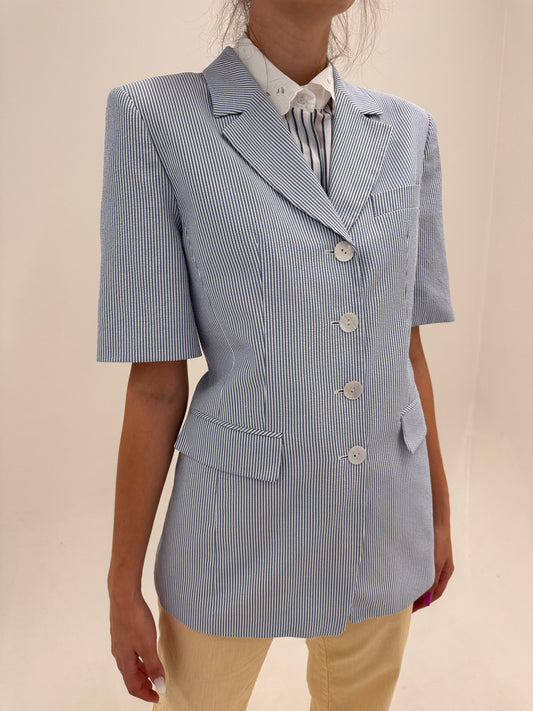 Sacou italian din bumbac premium seersucker in dungi fine Navy verticale