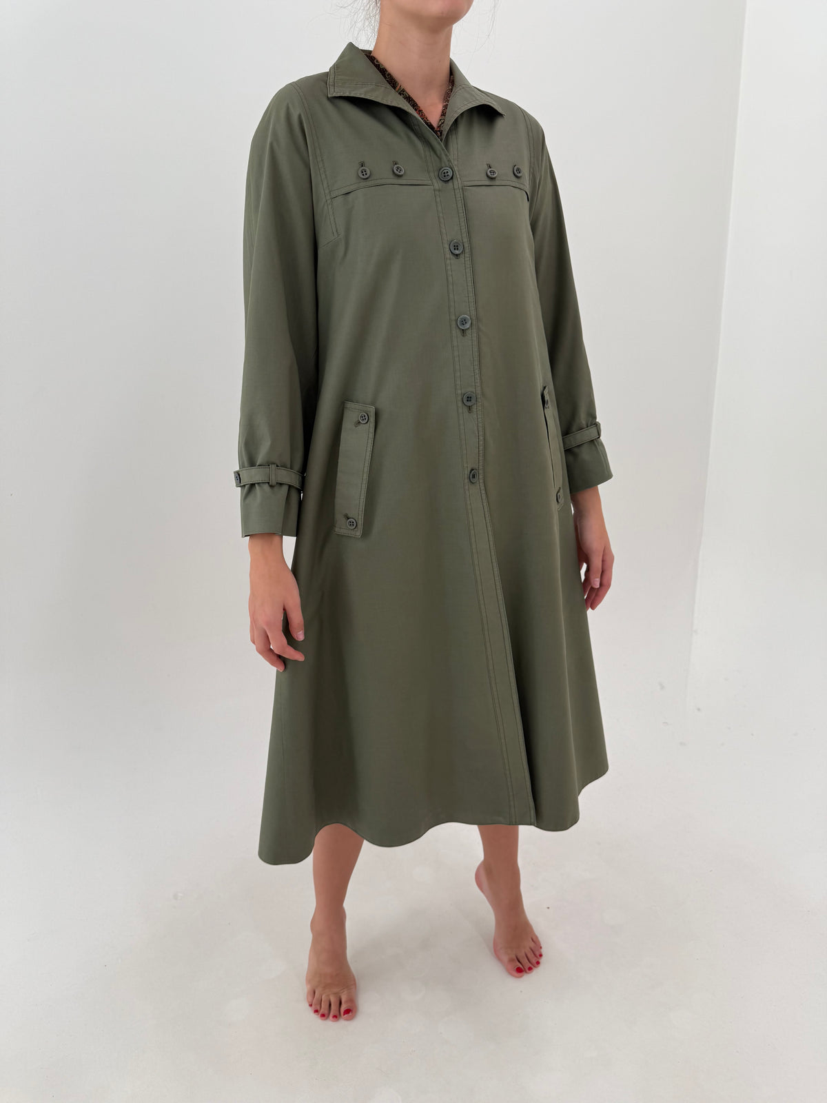Trench vintage petite dark green cu interior din lana din gabardină impermeabilă