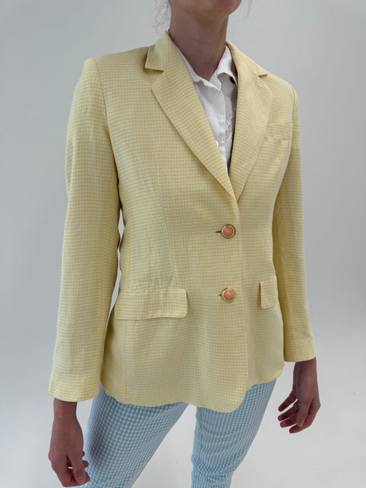 Sacou gingham butter yellow cu nasturi aurii din pânza moale de in și vascoza