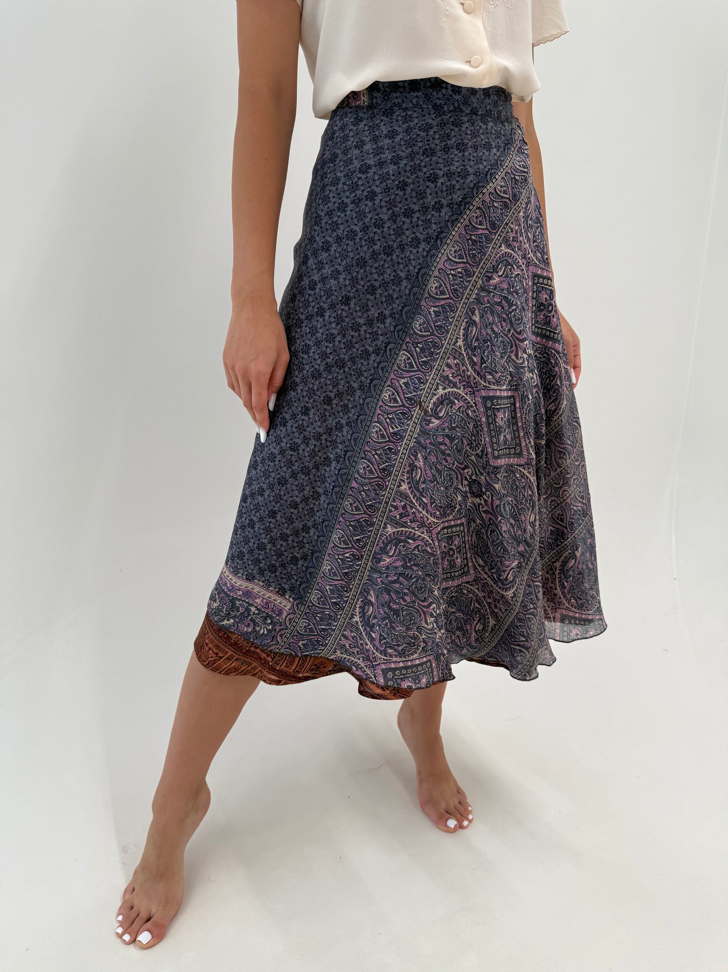 Fustă maxi petrecută din mătase naturală cu print paisley