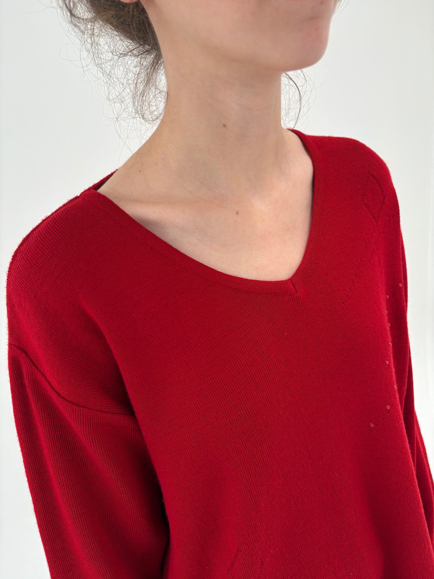 Pulover cherry red din lana merino extrafina de gramaj mare în anchior