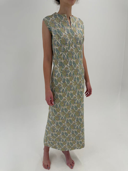 Rochie maxi old vintage anii 60 de colecție din jacquard excepțional în culori pudrate