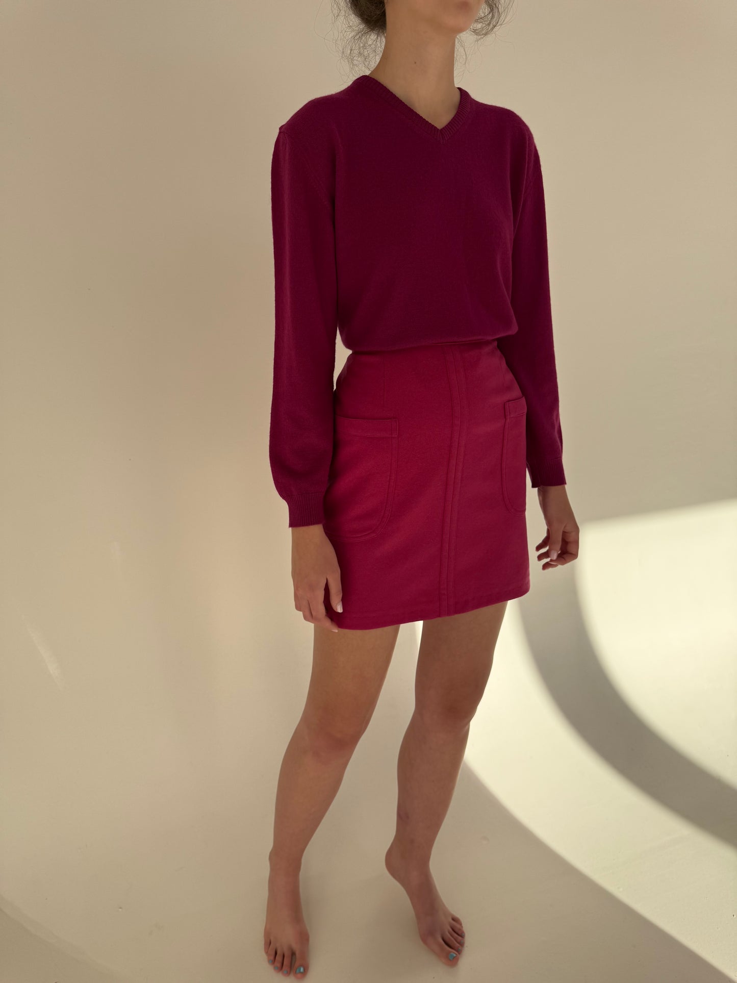 Fustă mini raspberry red cu talie ultra înaltă marcată 80% lana extrafina