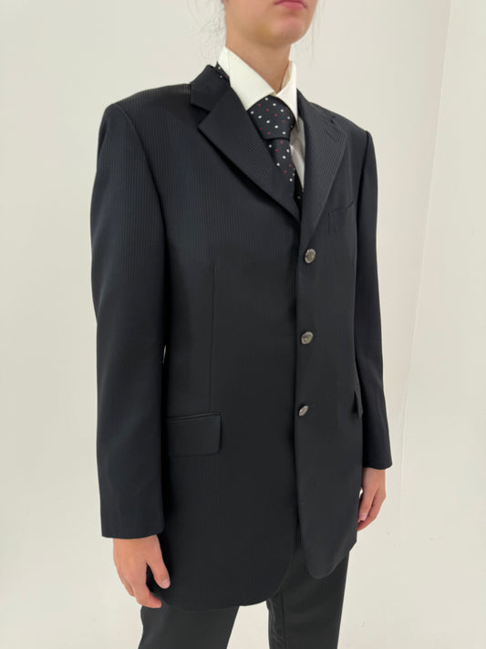 Costum negru de brand luxury Pal Zileri din stofă de lana și mătase naturală texturat cu dungi
