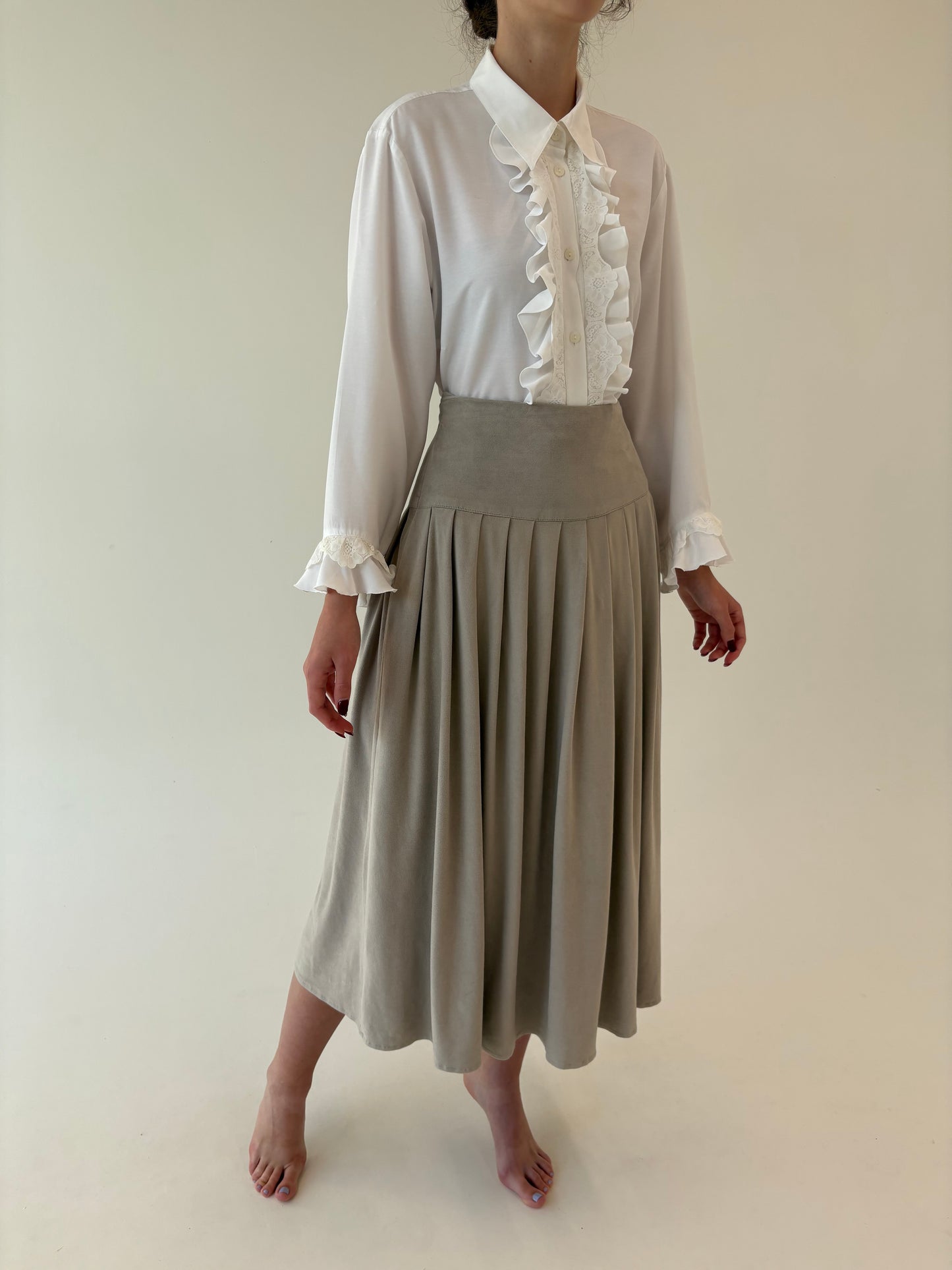 Fustă vintage light nude cu talie ultra înaltă și aspect de piele întoarsă