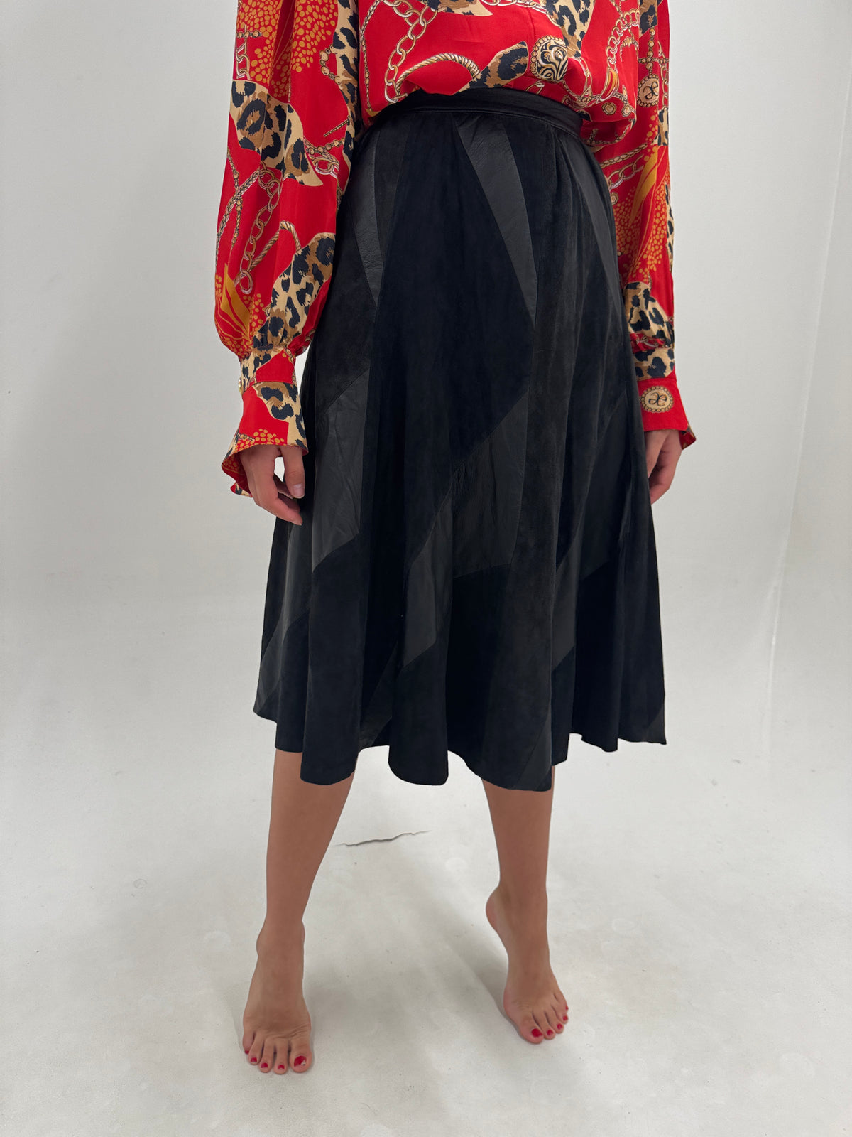 Fustă din piele naturală extrem de moale în croi A-line patchwork midi lung