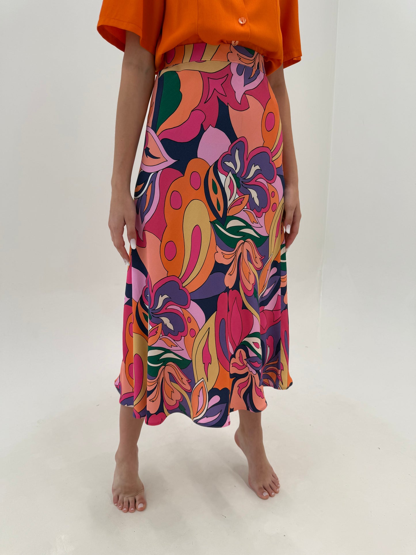 Fustă maxi cu print în stil Pucci super vaporoasă și talie elastică în bie
